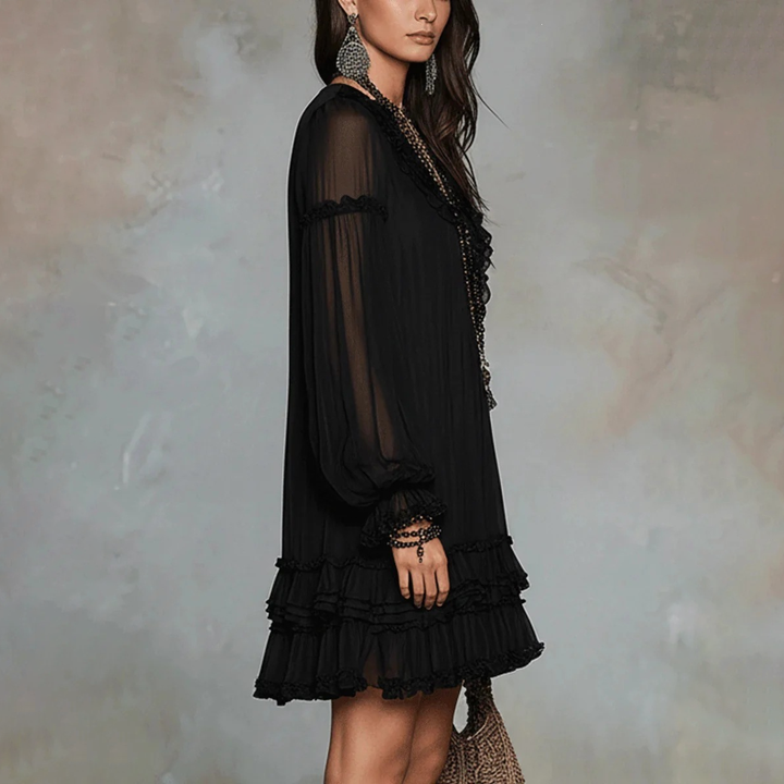 V-neck lace ruffle chiffon mini dress