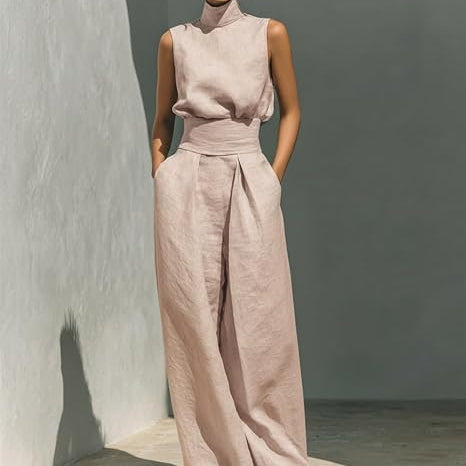 Linen Blend Sleeveless Top &amp; Wide Leg Pants Set