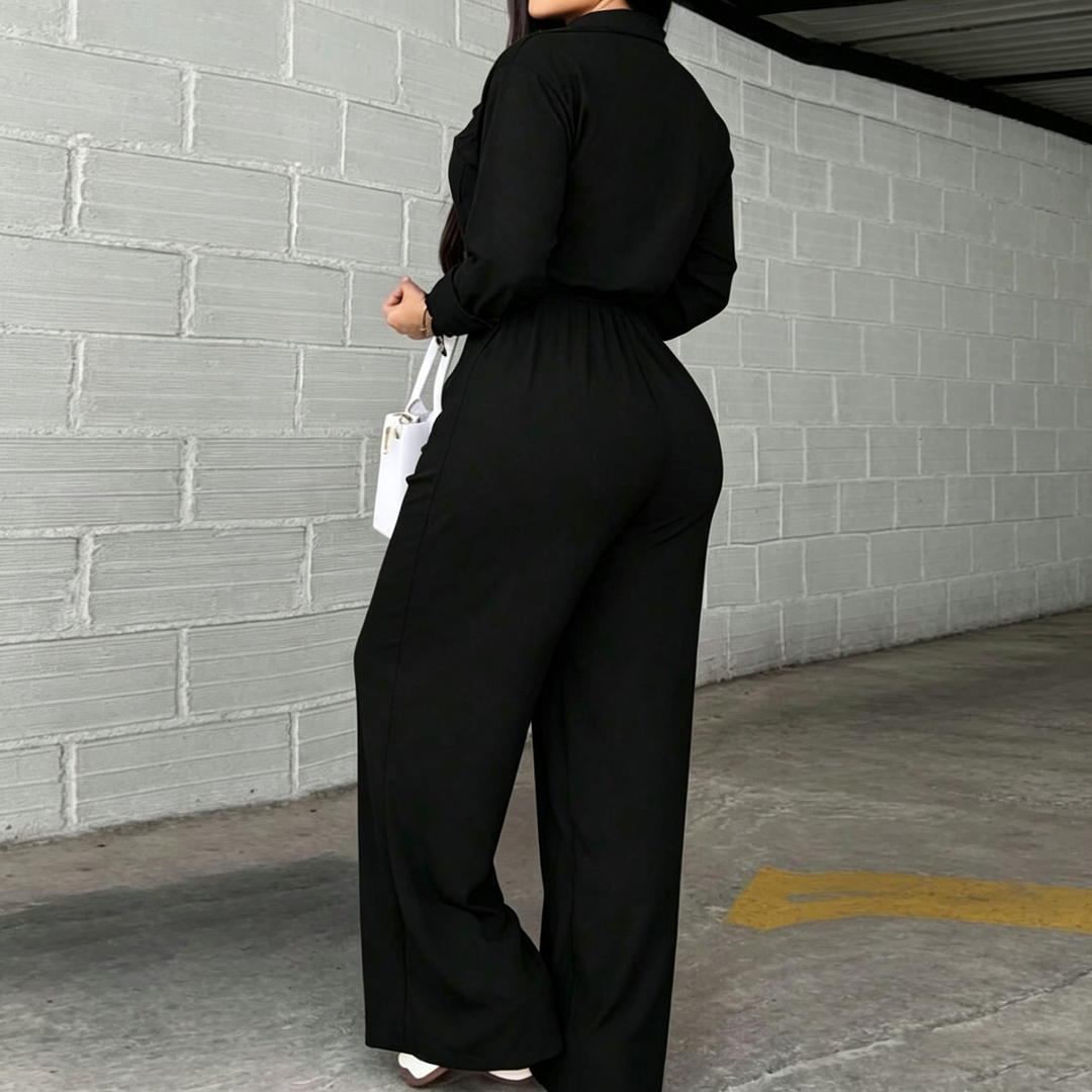 Women’s Collared Jumpsuit – Wide Leg &amp; Belted Waist