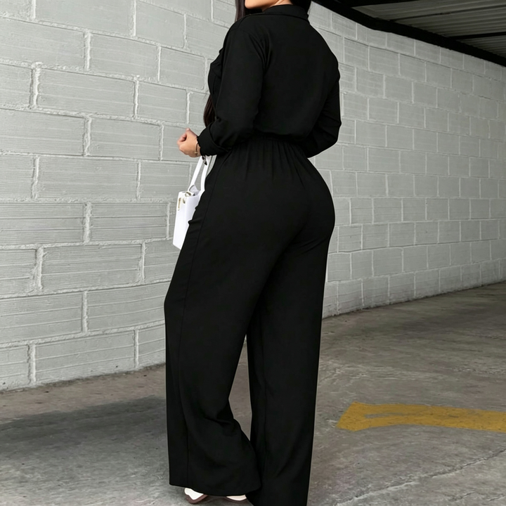 Women’s Collared Jumpsuit – Wide Leg &amp; Belted Waist