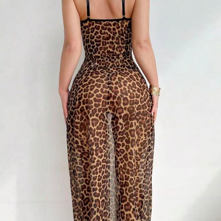 Women’s Leopard Print Cami Maxi Dress – High Slit &amp; Lace Trim
