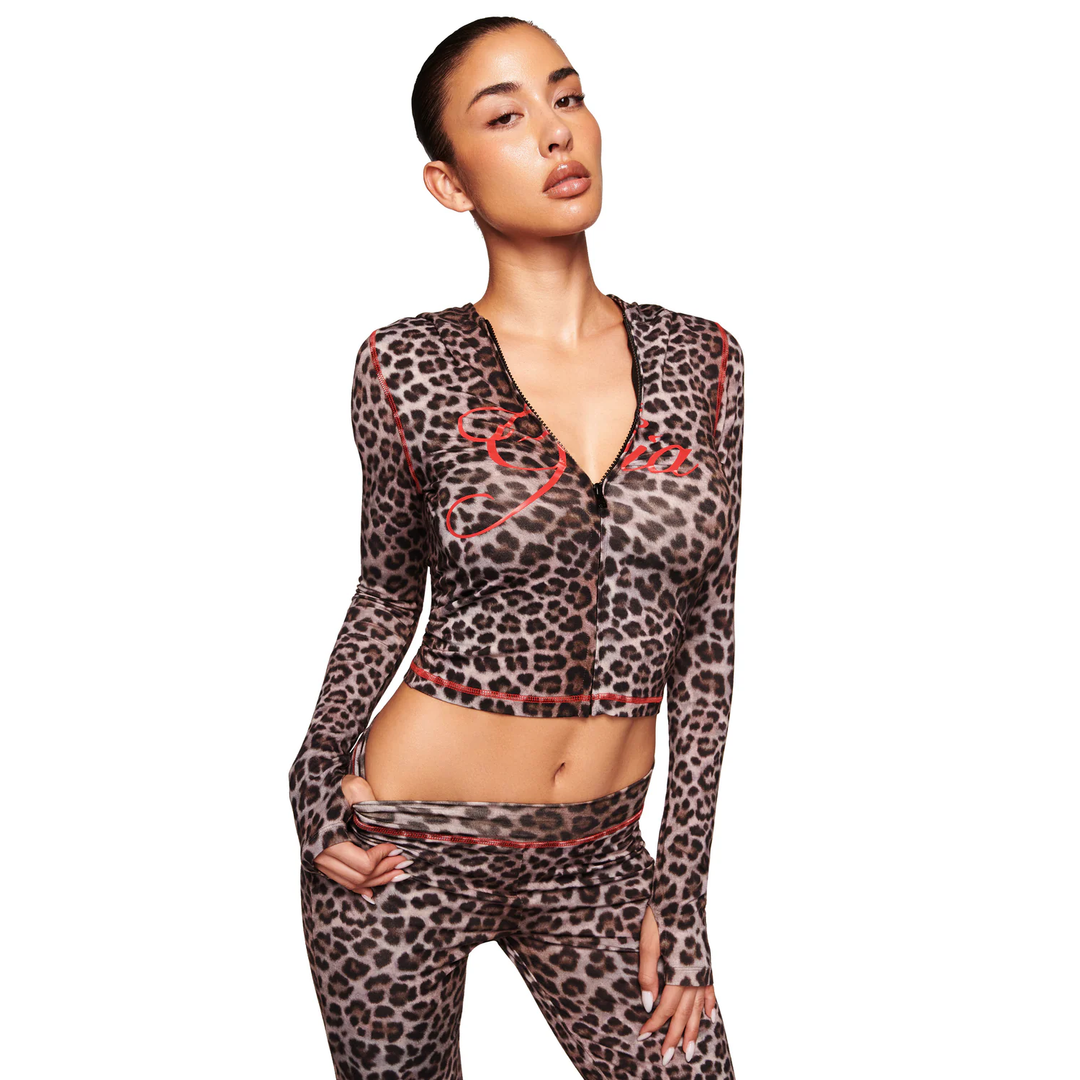 Leopard print zipper street style tracksuit