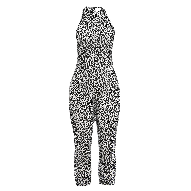 Women’s Leopard Print Bodycon Jumpsuit – Backless Design