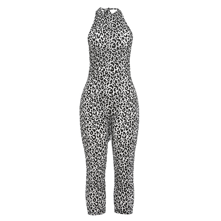 Women’s Leopard Print Bodycon Jumpsuit – Backless Design