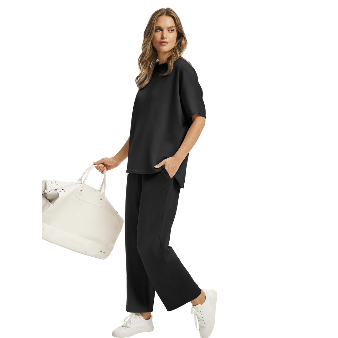 Round Neck Top &amp; Wide Leg Pants Set