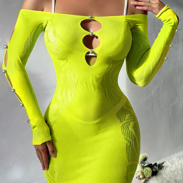Women’s Off-Shoulder Mesh Mini Dress – Cutout Detail