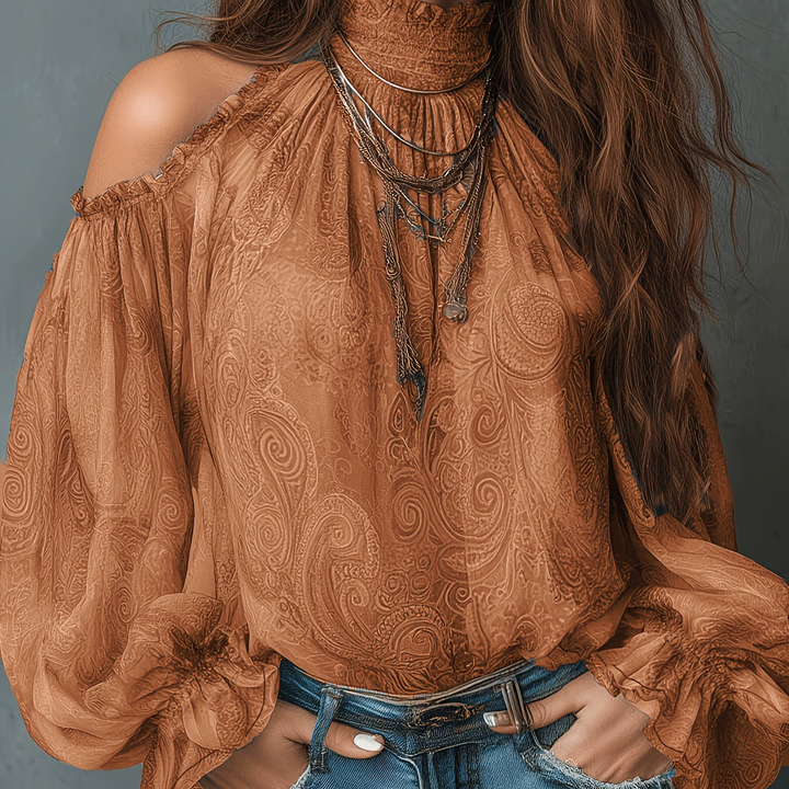 Vintage Paisley Cold-Shoulder Chiffon Blouse