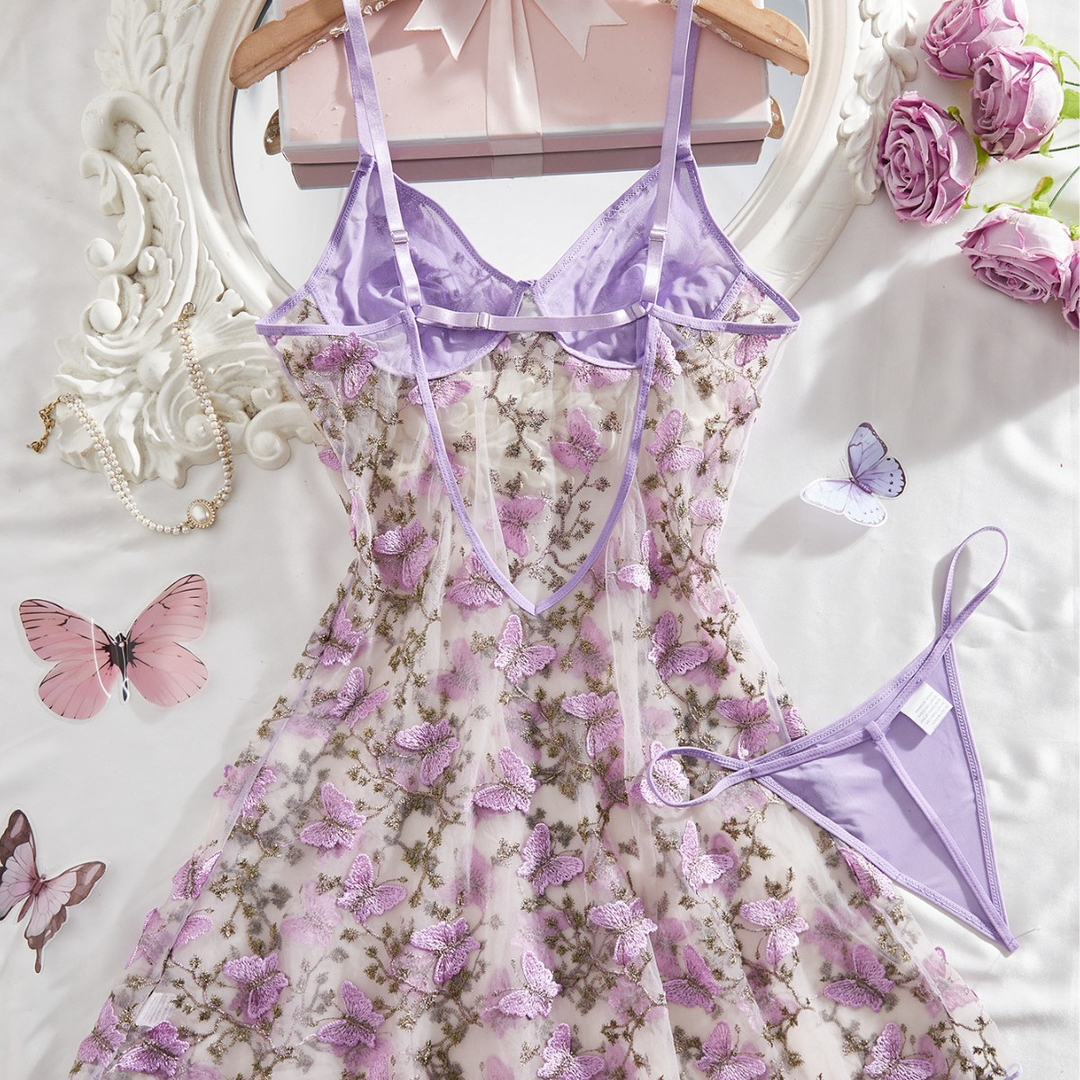Women’s Butterfly Embroidered Nightdress Set – 2-Piece