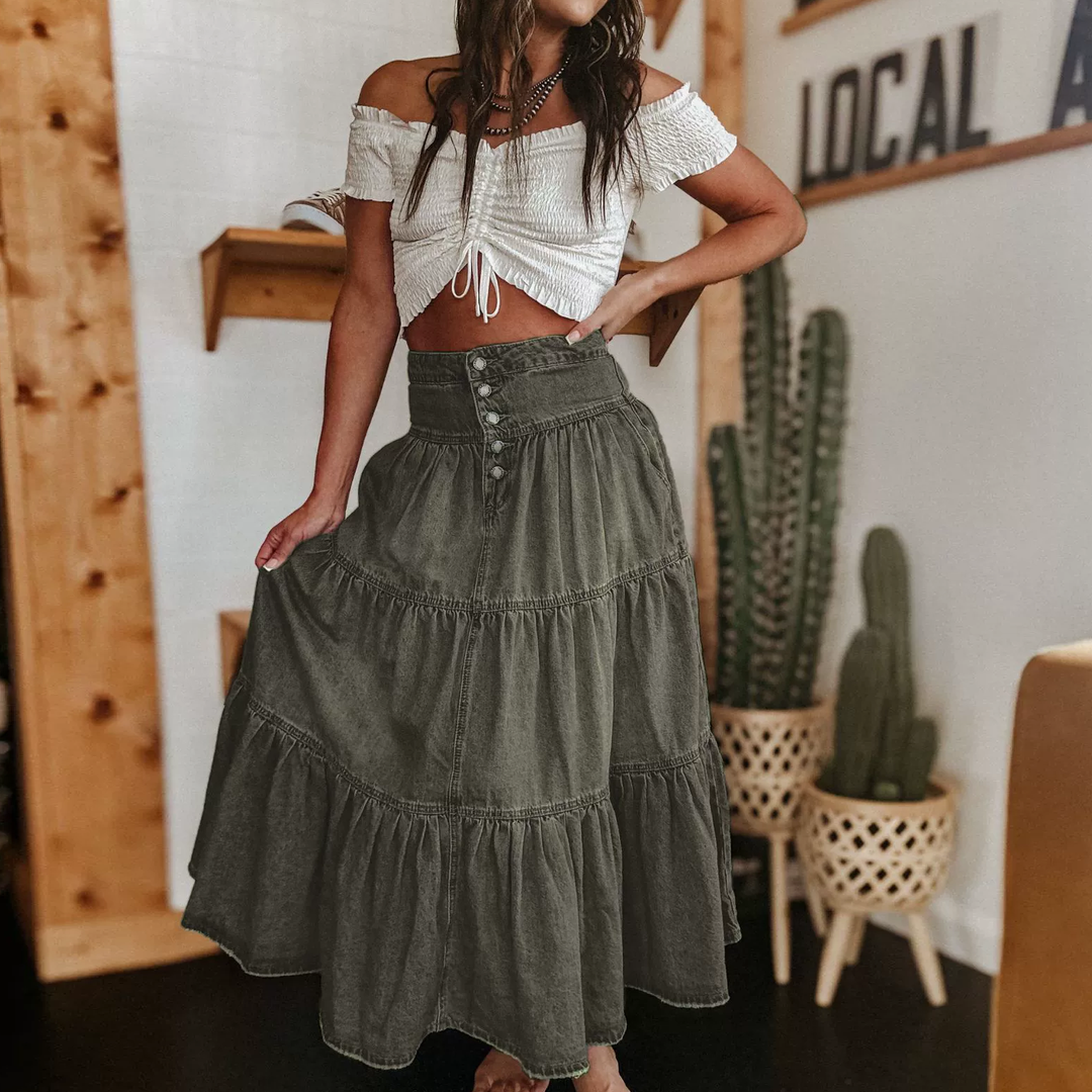 Premium Boho Tiered Denim Maxi Skirt