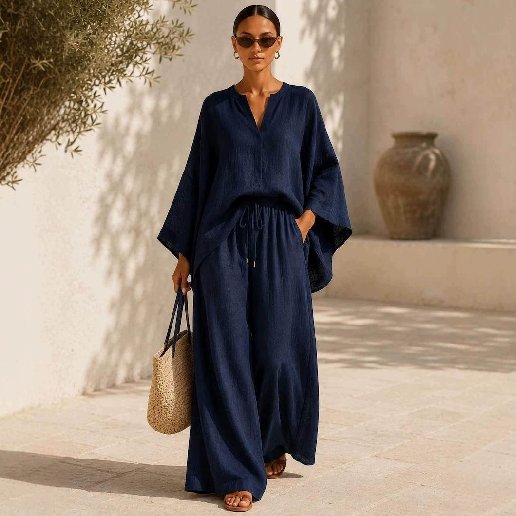 Batwing Sleeve V-Neck Top &amp; Wide Leg Pants Set