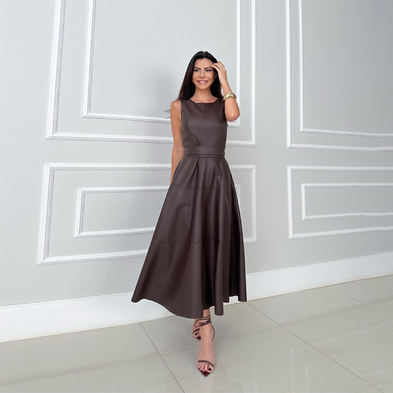 Elegant Faux Leather Midi Dress