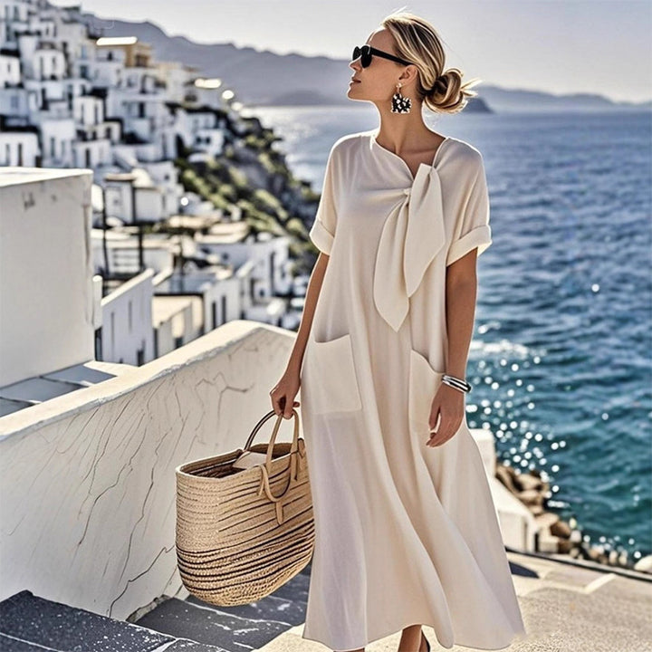 Relaxed Tie-Neck Linen Blend Midi Dress