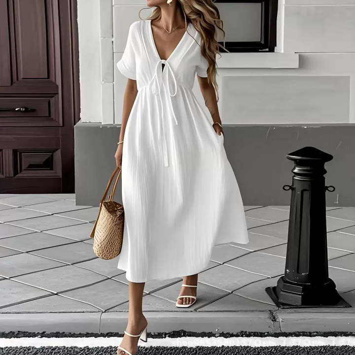 Elegant Cotton Gauze Tie-Front Midi Dress