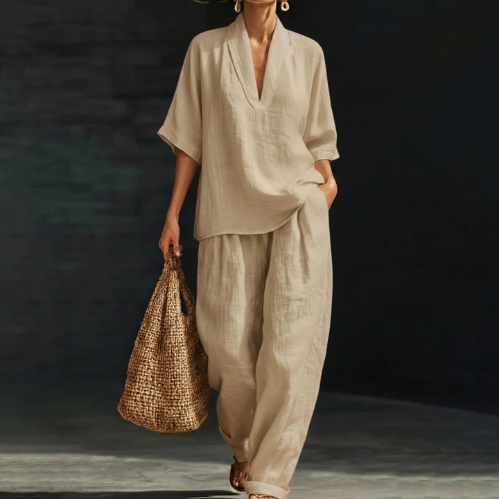 Linen Blend V-Neck Wide Leg Lounge Set