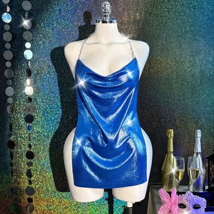 Women’s Metallic Chain Halter Mini Dress