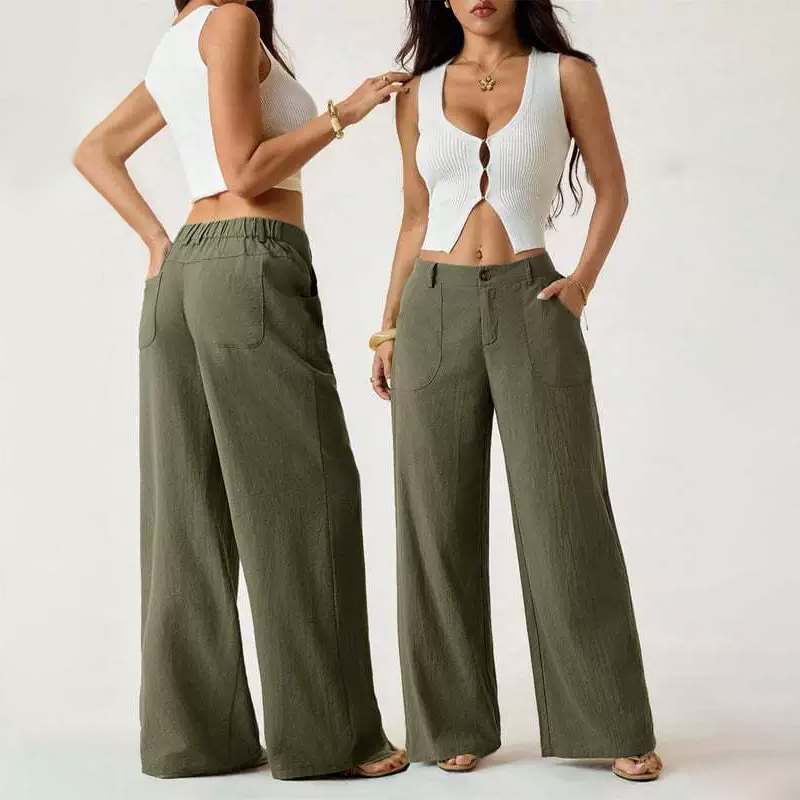 Linen Blend Mid Rise Wide Leg Pants