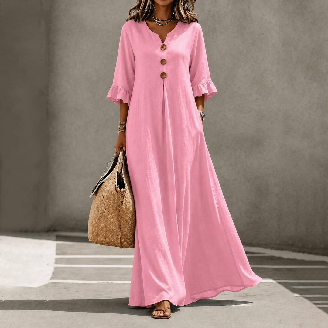 Relaxed Linen Blend Henley Maxi Dress