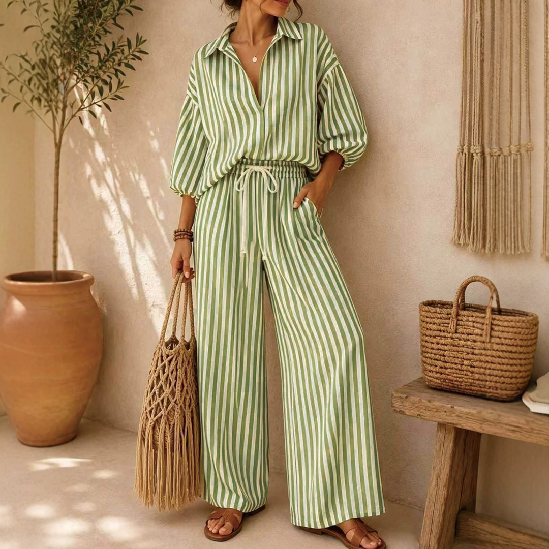 French Striped Shirt Wide Leg Pants Set