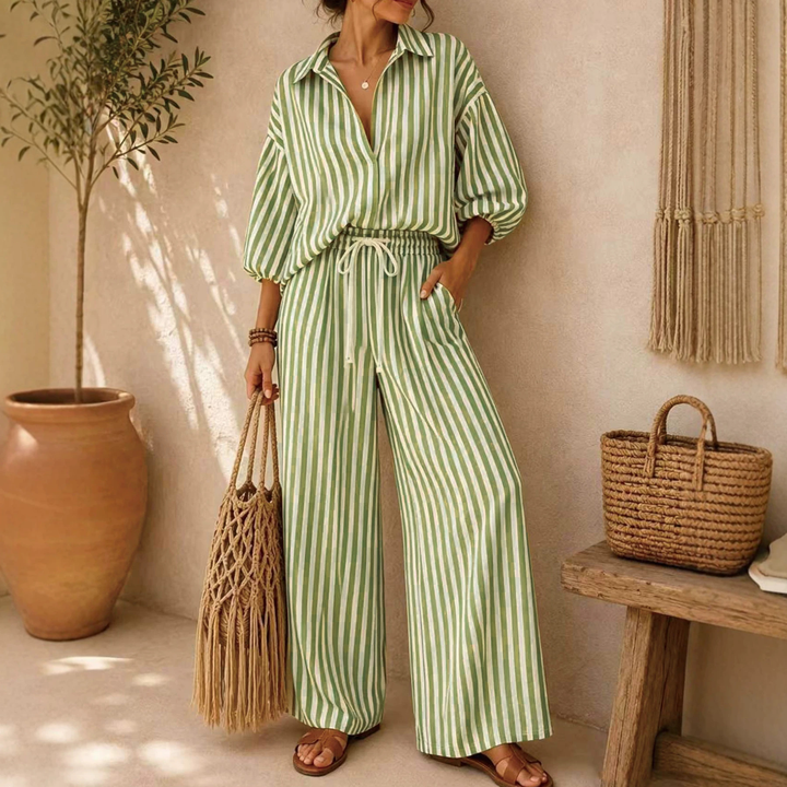 French Striped Shirt Wide Leg Pants Set