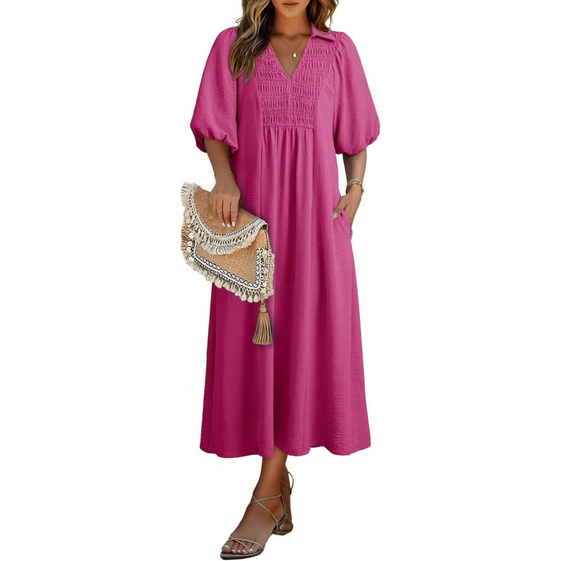 Relaxed Smocked V-Neck Midi Dress