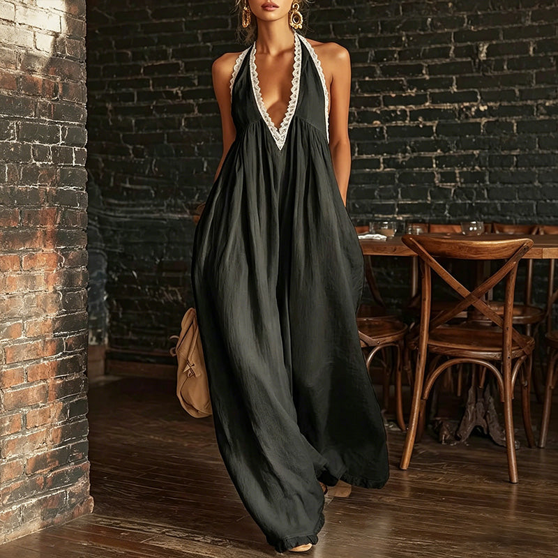 Cotton Lace Trim Sleeveless Jumpsuit