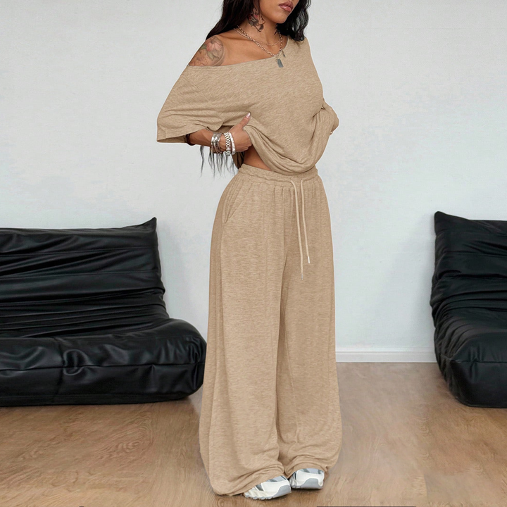 Off-shoulder wide-leg casual set