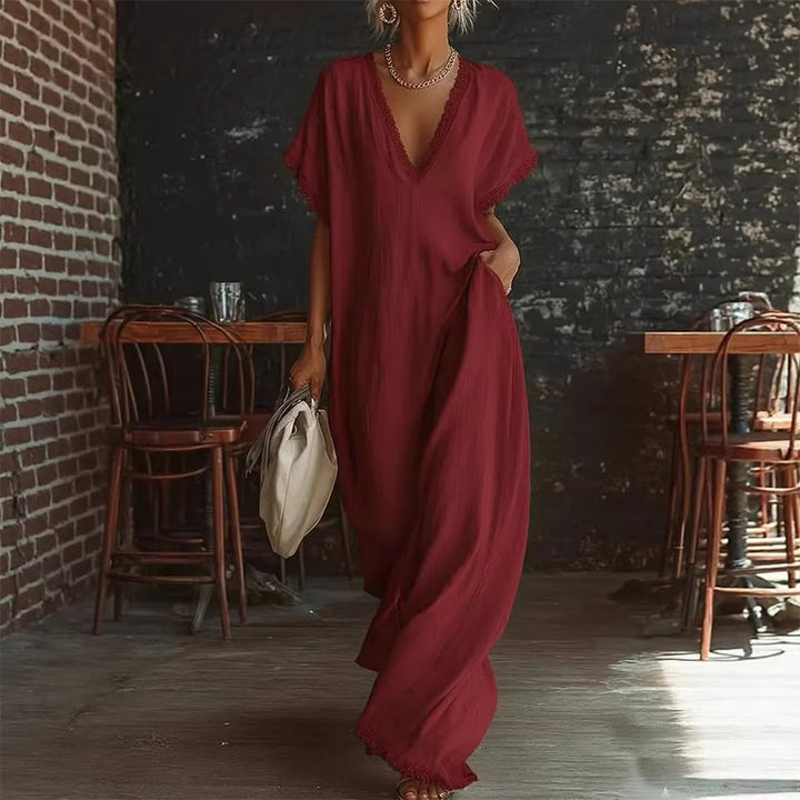 Linen Blend Lace Trim Maxi Dress