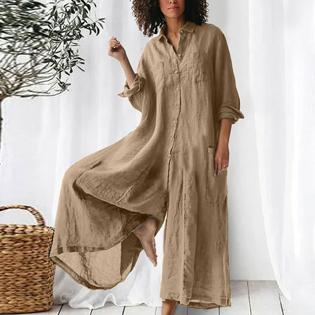 Linen Blend Long Sleeve Shirt Jumpsuit