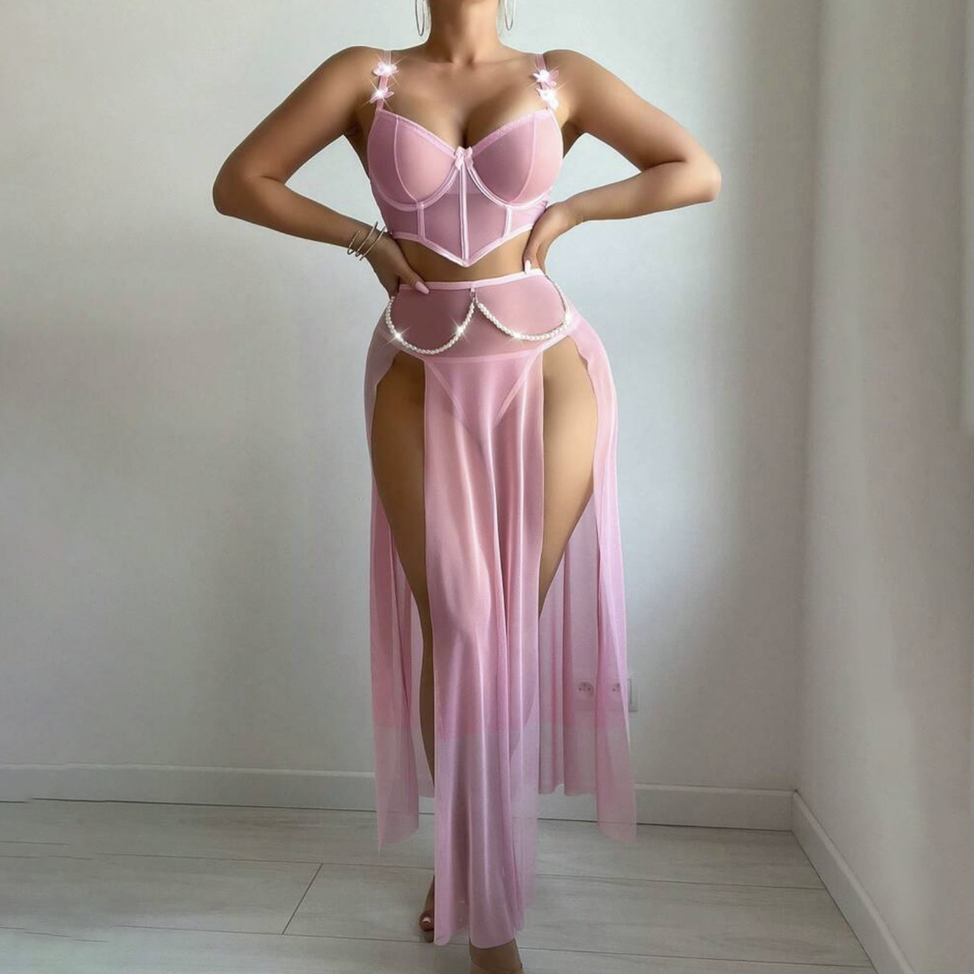 Plus Size Sheer Mesh Slit Lingerie Dress with Underwire Cups