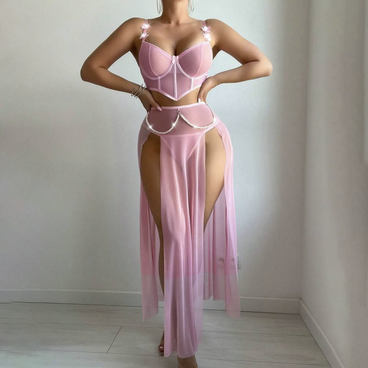 Plus Size Sheer Mesh Slit Lingerie Dress with Underwire Cups