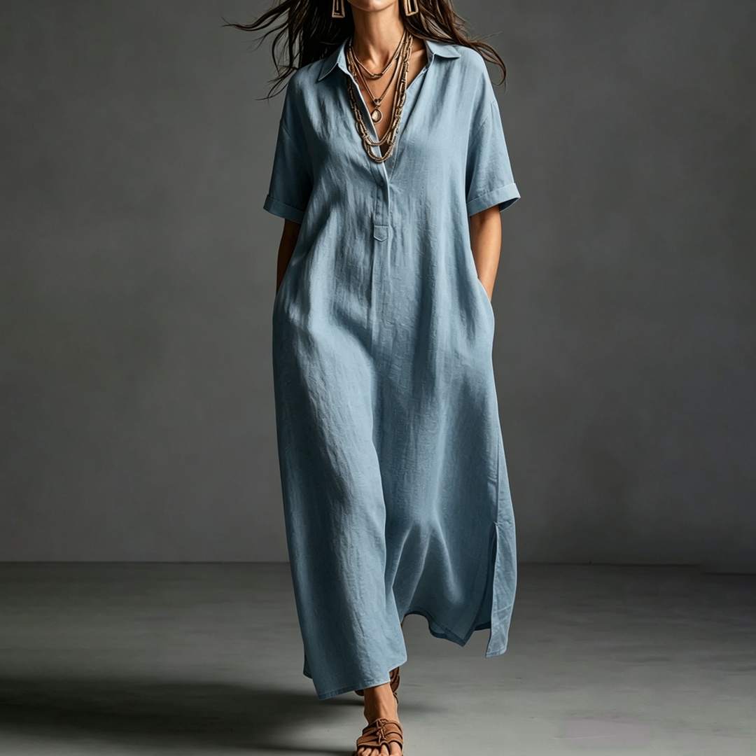 Linen Blend Collared Maxi Dress