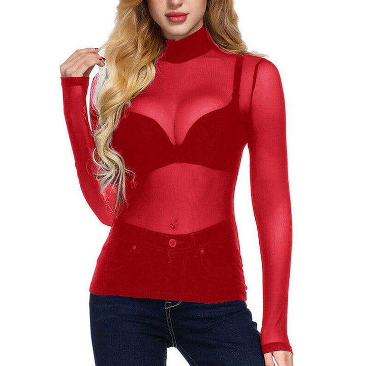 Sheer Mesh Turtleneck Slim Fit Top