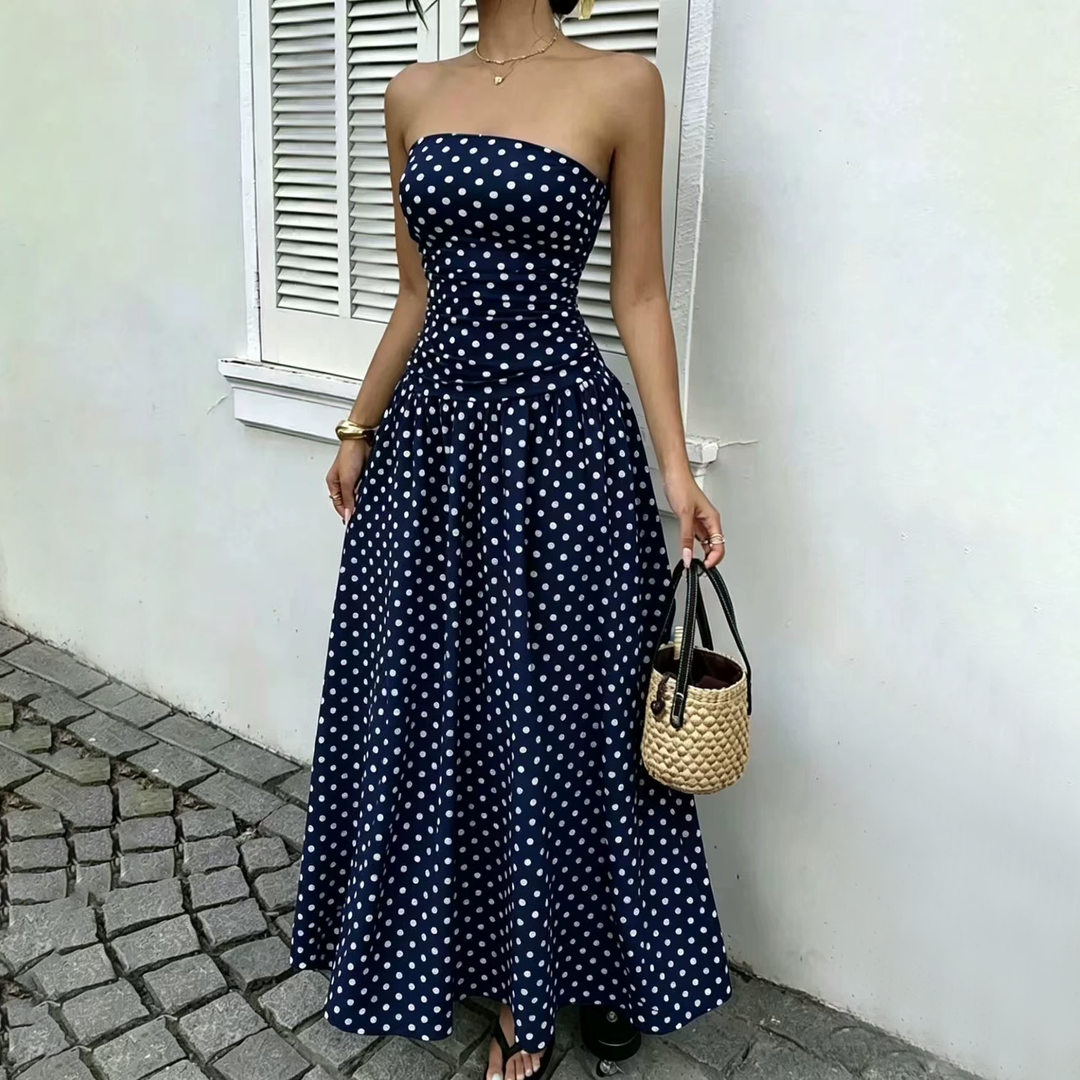 Strapless Polka Dot A-Line Maxi Dress