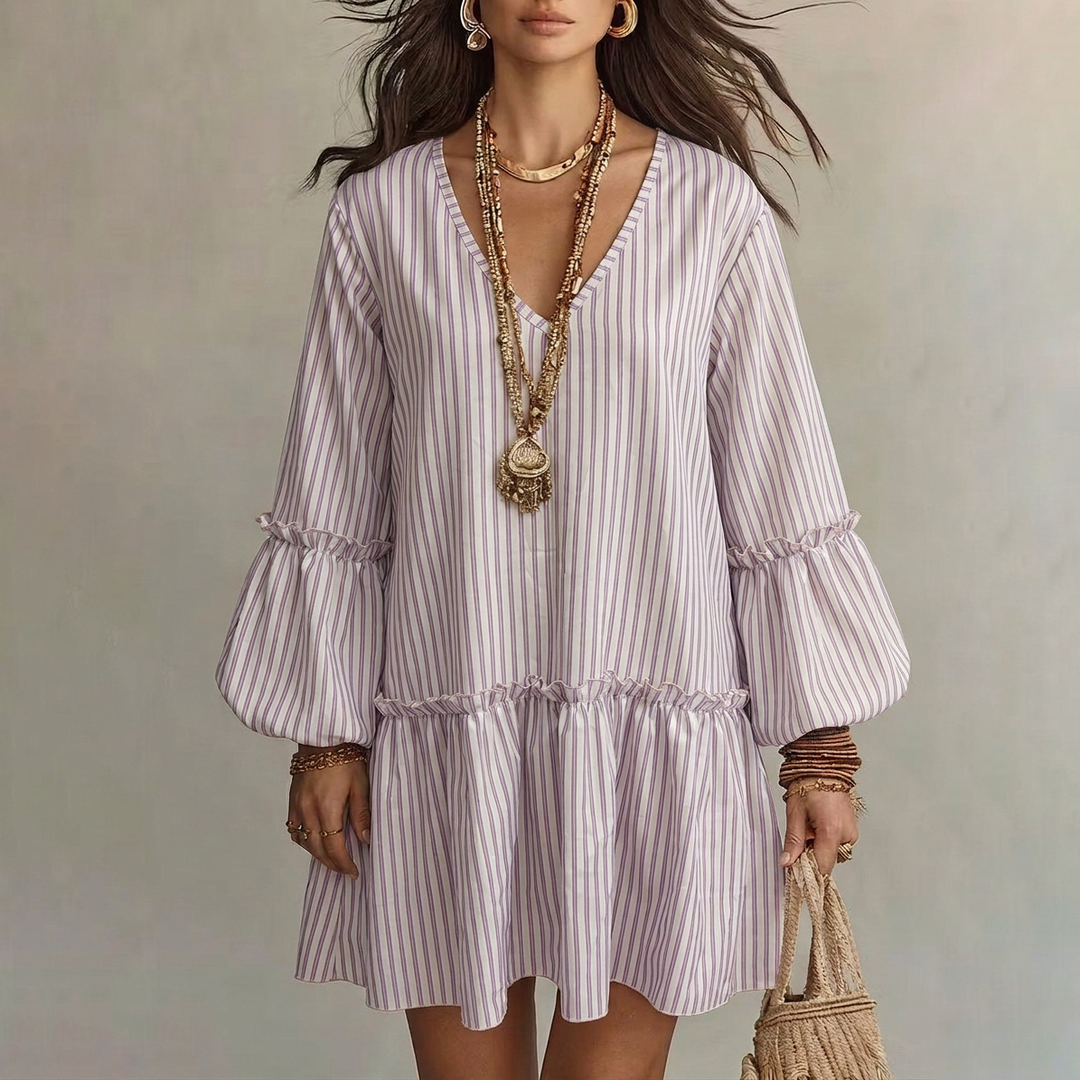 Elegant Striped Puff Sleeve Dress