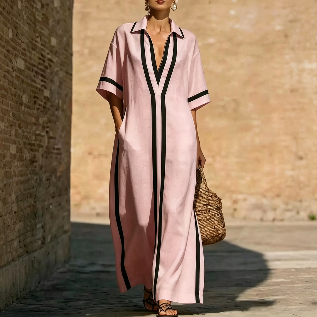 Contrast Trim Collared Maxi Dress