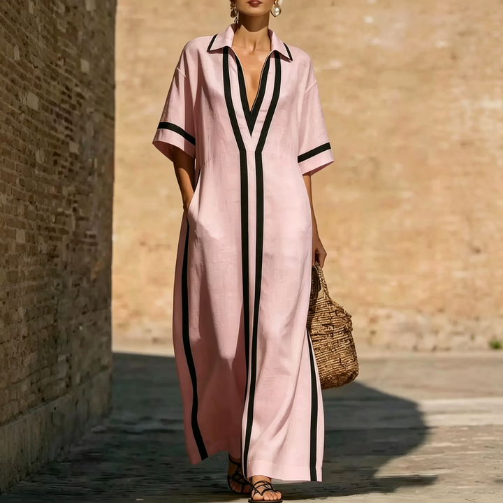 Contrast Trim Collared Maxi Dress
