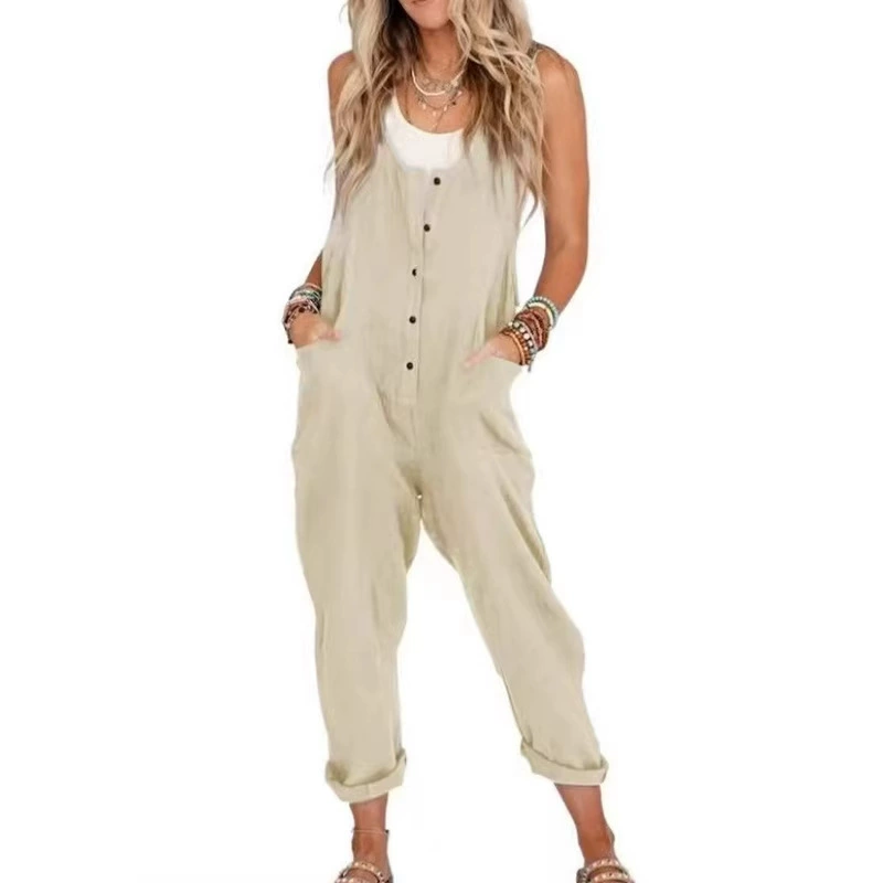 cotton and linen blend sleeveless loose jumpsuit