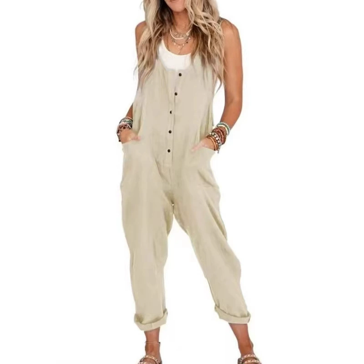 cotton and linen blend sleeveless loose jumpsuit