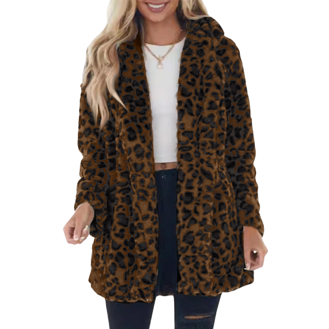 Women’s Leopard Print Faux Fur Coat – Cozy Oversized Jacket with Pockets