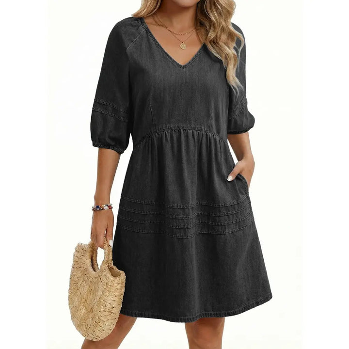 V-Neck Puff Sleeve Chambray Denim Dress