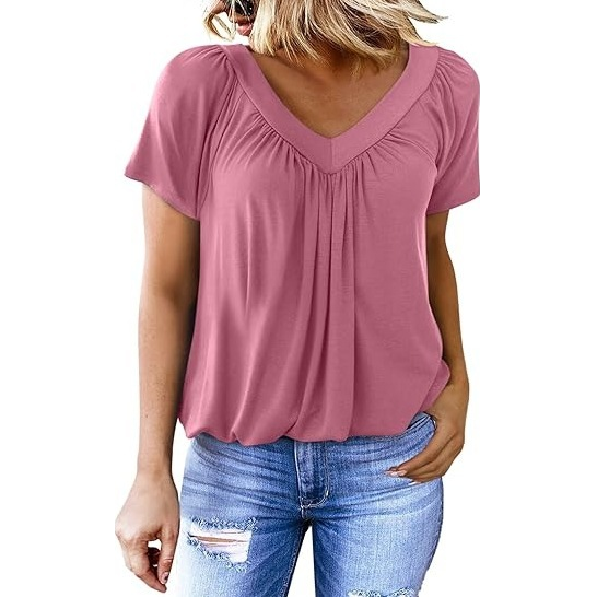 Casual V-Neck Shirred Short Sleeve Top
