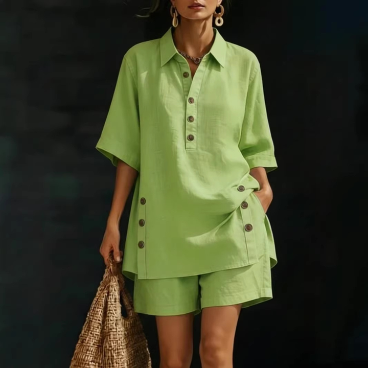 Relaxed Linen Blend Henley Shorts Set