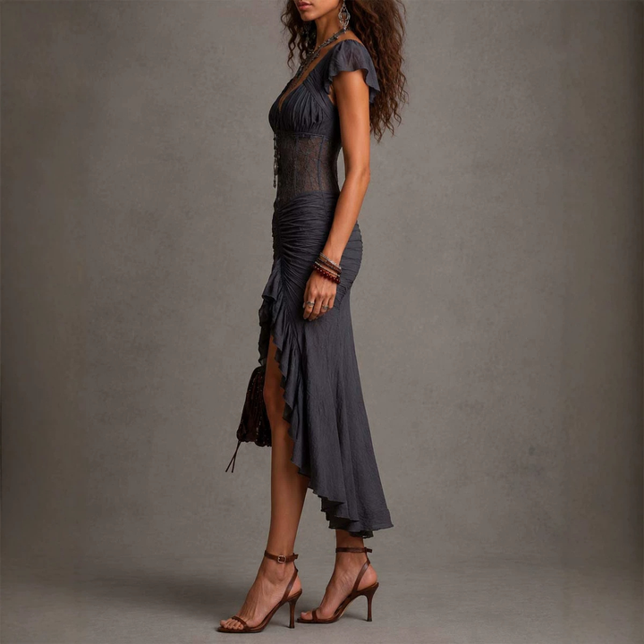 Elegant Sheer Lace Ruched Maxi Dress