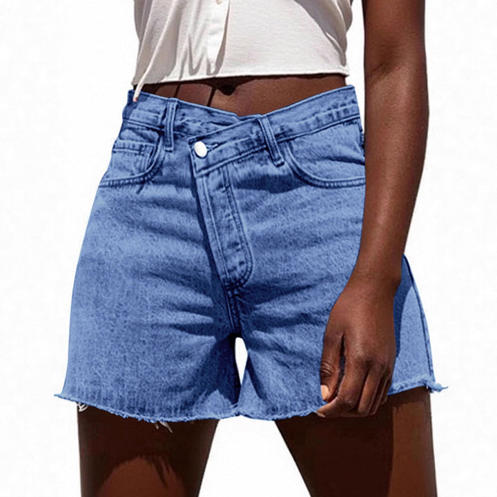 Cross Waist High Rise Distressed Denim Shorts