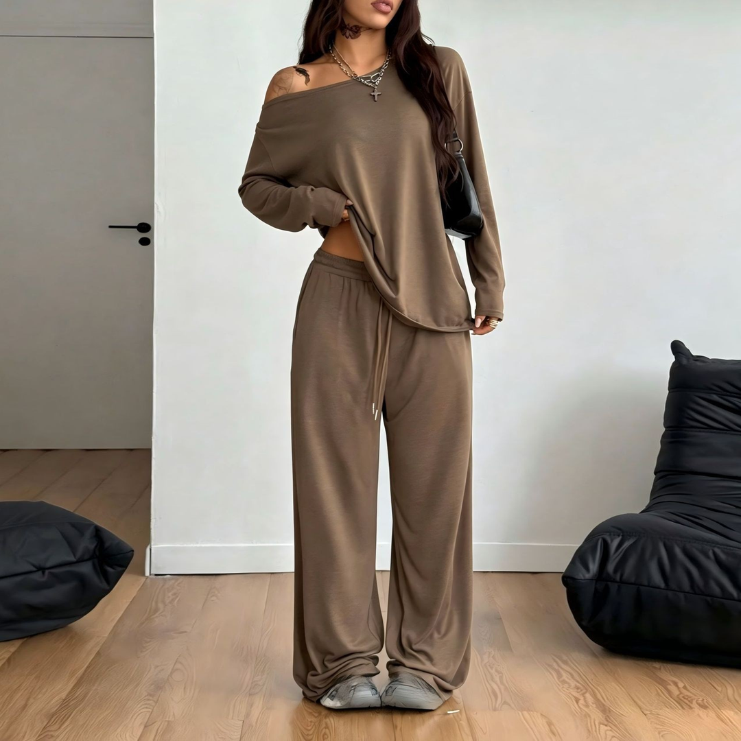 Off-shoulder wide-leg casual set