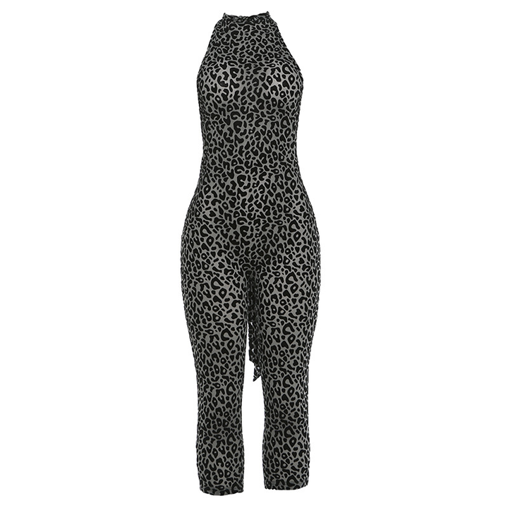 Women’s Leopard Print Bodycon Jumpsuit – Backless Design