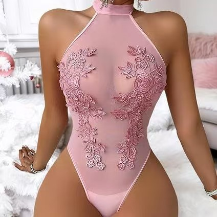 Women’s Sheer Embroidered Bodysuit – Halter Neck