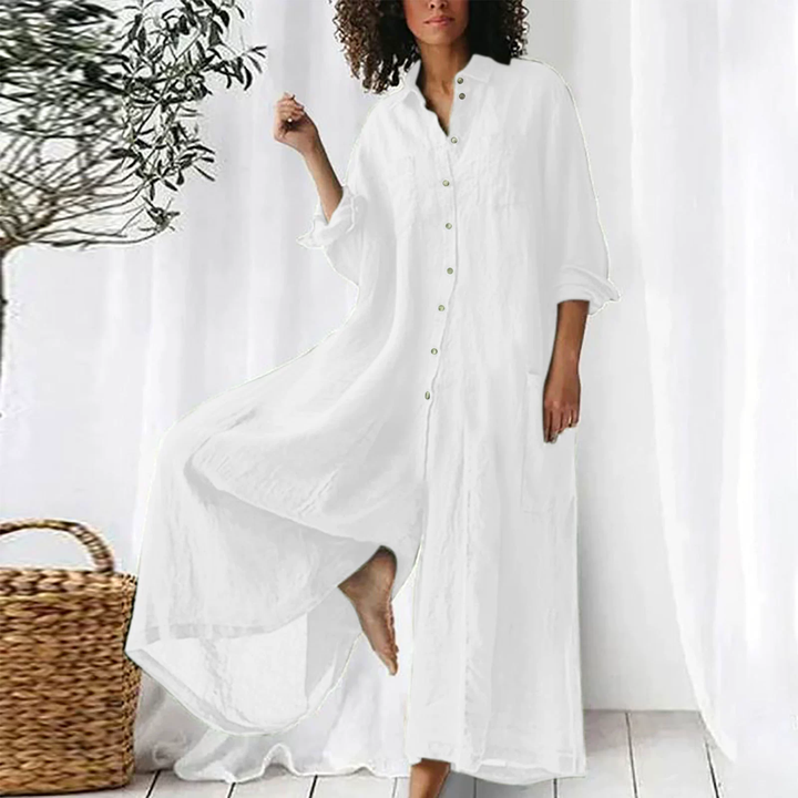 Linen Blend Long Sleeve Shirt Jumpsuit