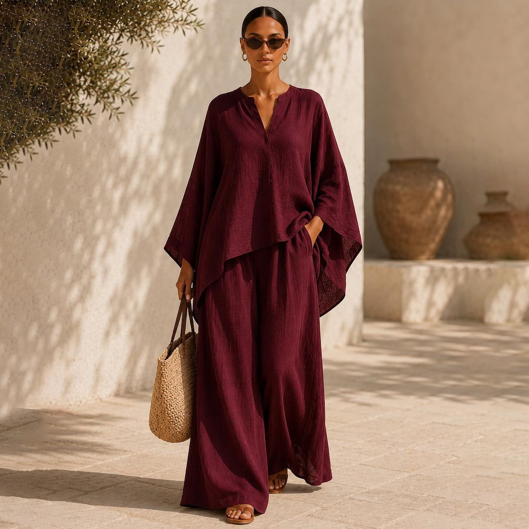 Batwing Sleeve V-Neck Top &amp; Wide Leg Pants Set