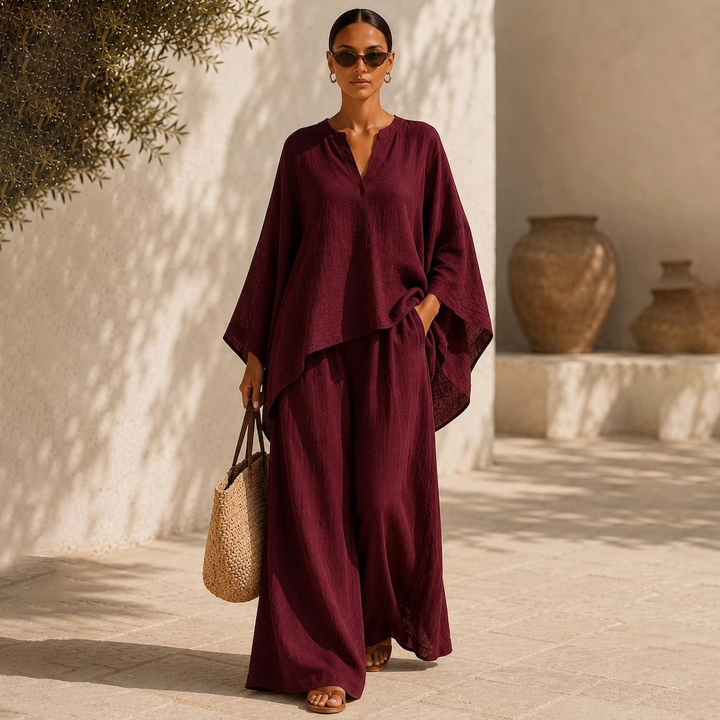 Batwing Sleeve V-Neck Top &amp; Wide Leg Pants Set